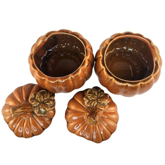Ceramic Pumpkin Containers Set of 2 Fall Garden Holiday Decor Halloween Accent - Picture 3 of 6